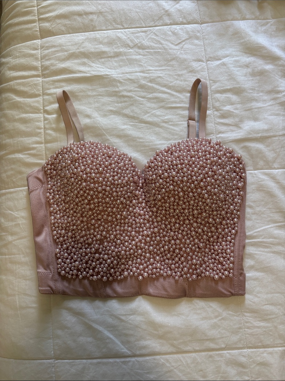 Pearl-Embellished Blush Pink Crop Bralette